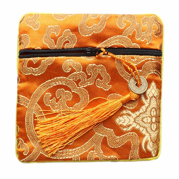 Brokátový sáček oranžový se zipem a mincí pro štěstí 12x12 cm - cca 12 x 12 cm