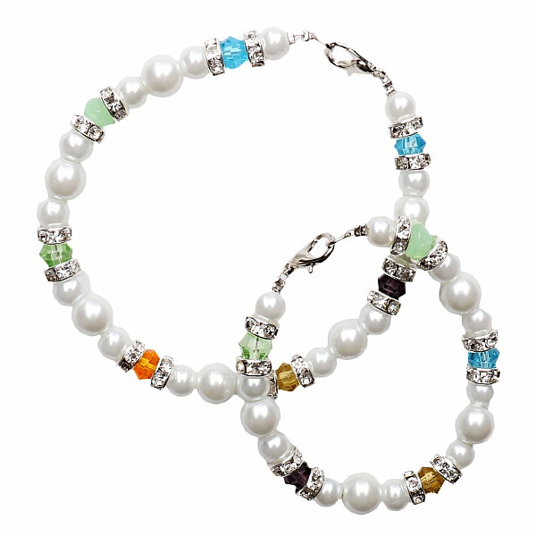 Matka a dcera náramky z bílých perliček s elementy typu Swarovski - obvod cca 12 cm a 17 cm