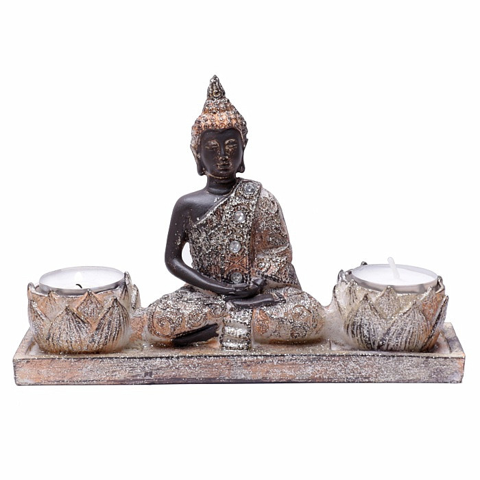 Buddha meditující thajská soška se dvěma svícny pro čajové svíčky 13 cm - výška cca 13 cm