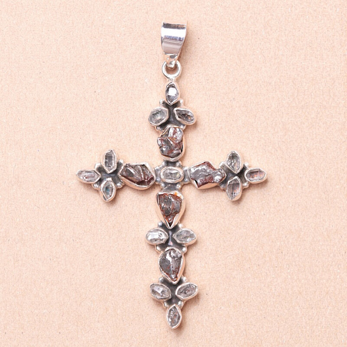 Meteorit Campo del Cielo a Herkimer diamant přívěsek kříž stříbro Ag 925 LOT6 - 5