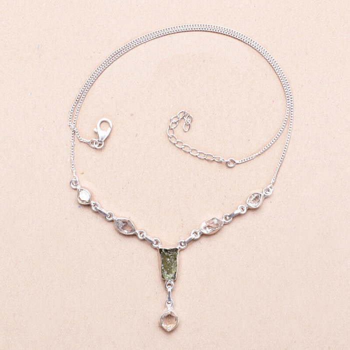 Vltavín a Herkimer diamant náhrdelník stříbro Ag 925 N22 - 46 - 50
