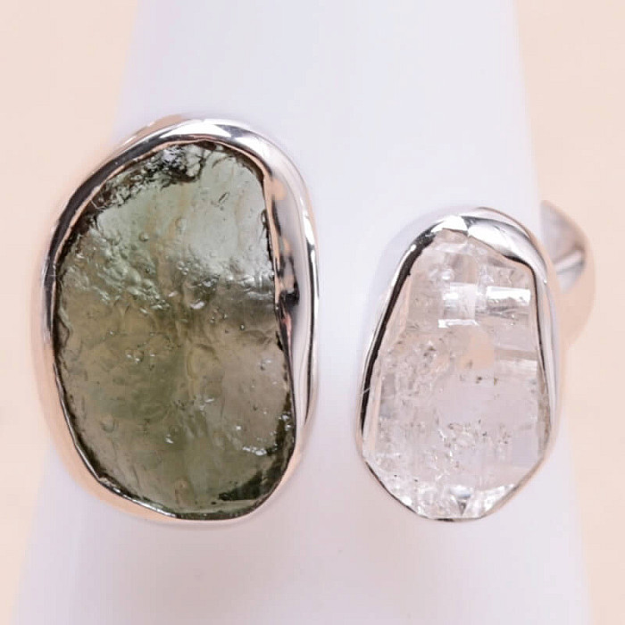 Vltavín a Herkimer diamant prsten stříbro Ag 925 LOT15 - 52 mm (US 6)