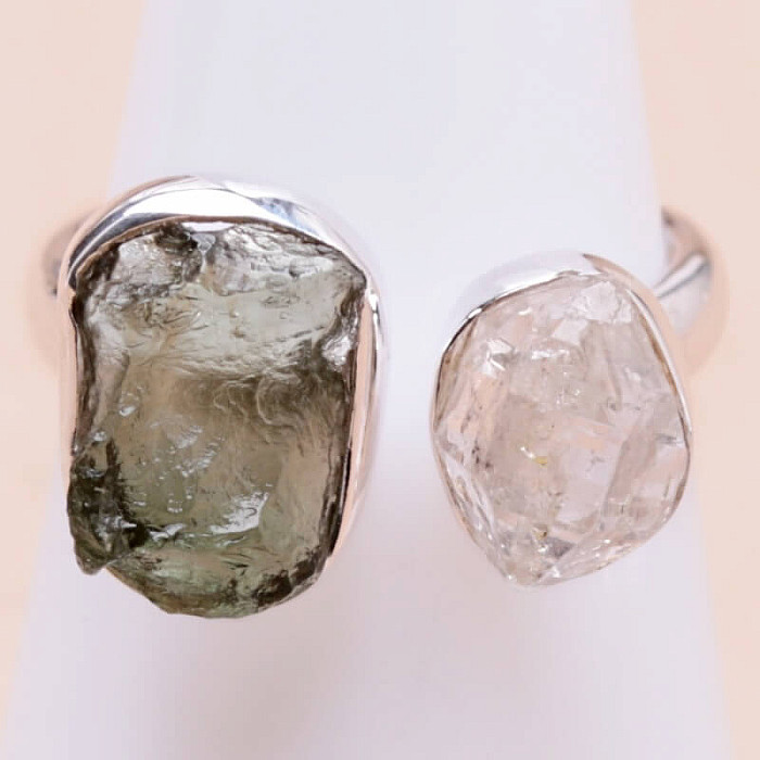 Vltavín a Herkimer diamant prsten stříbro Ag 925 LOT17 - 52 mm (US 6)