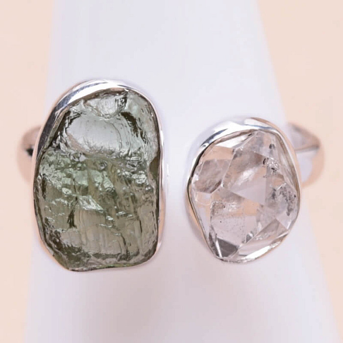 Vltavín a Herkimer diamant prsten stříbro Ag 925 LOT20 - 53 mm (US 6