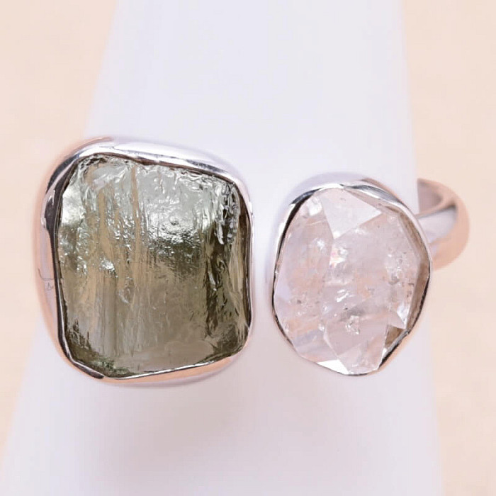 Vltavín a Herkimer diamant prsten stříbro Ag 925 LOT13 - 57 mm (US 8)
