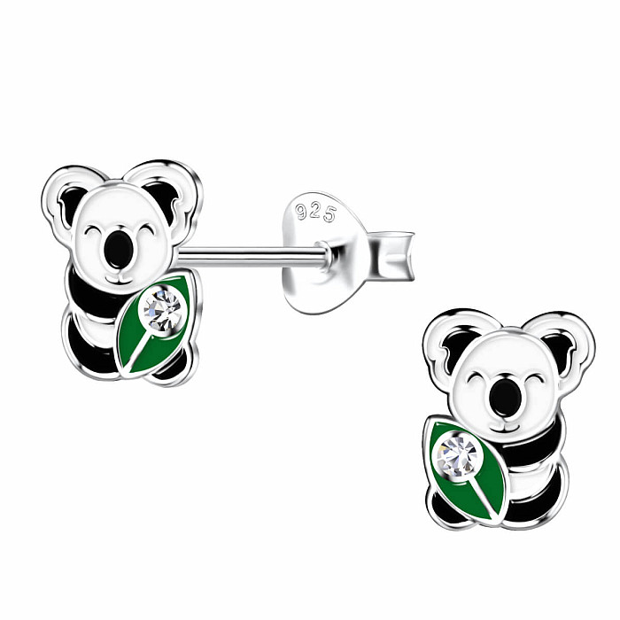 Stříbrné náušnice Koala s lístečkem - 6 x 8 mm