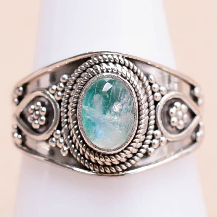 Měsíční kámen duhový zelený prsten stříbro Ag 925 15580 - 58 mm (US 8