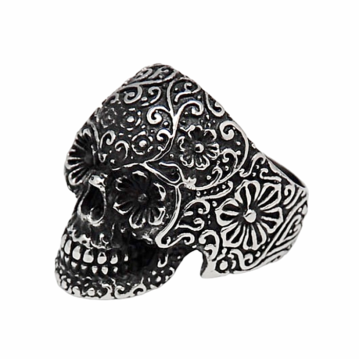 Pánský ocelový prsten Květinová calavera - 60 mm (US 10)