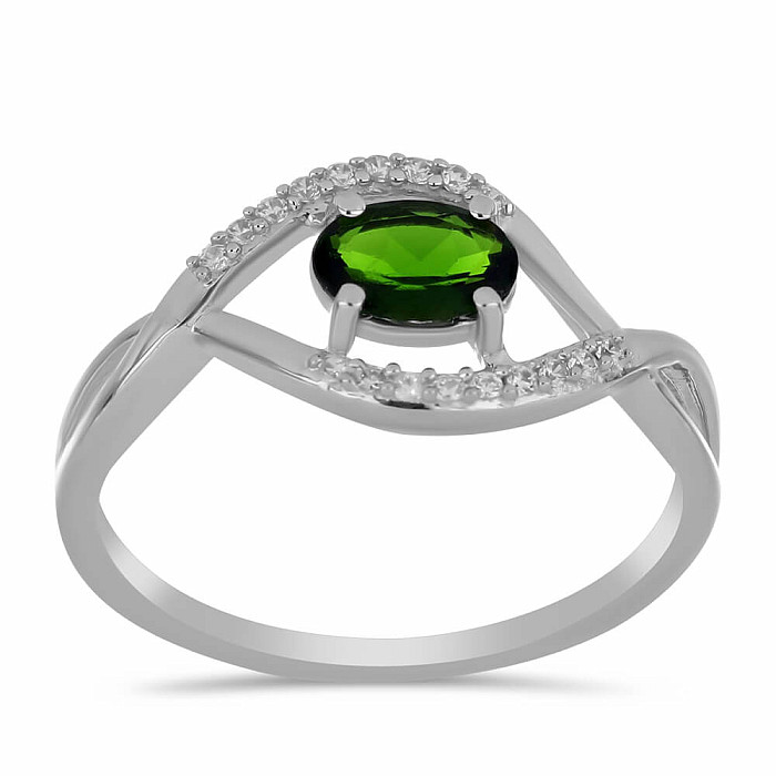 Prsten stříbrný s broušeným chromdiopsidem a zirkony Ag 925 029337 DIO - 59 mm (US 9)