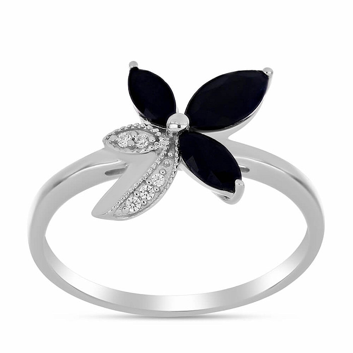 Prsten stříbrný s broušenými černými safíry a zirkony Ag 925 026097 BLS - 54 mm (US 7)