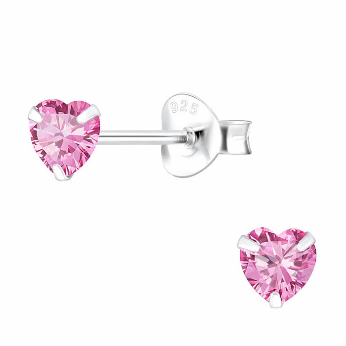 3691 Stříbrné náušnice pecky se zirkony 4mm PINK HEART - 4 mm