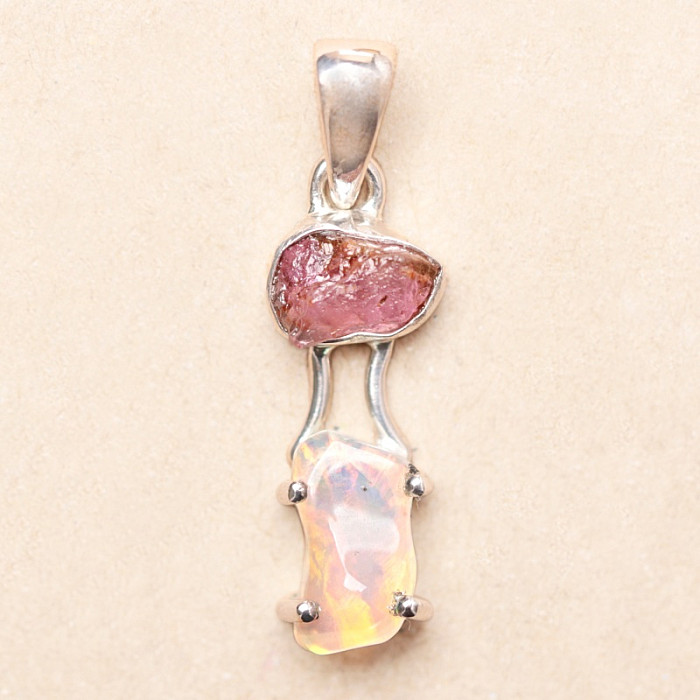 Opál etiopský a turmalín růžový přívěsek stříbro Ag 925 LOT10 - 2