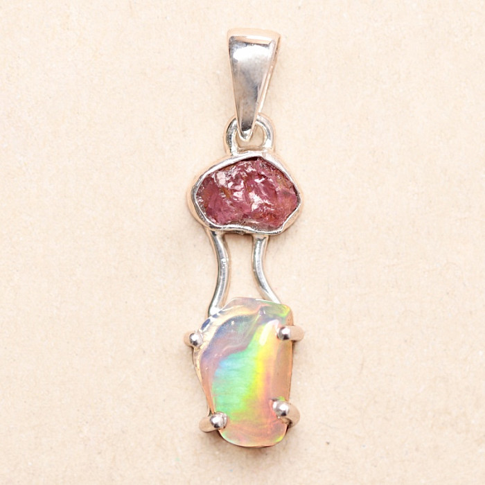 Opál etiopský a turmalín růžový přívěsek stříbro Ag 925 LOT5 - 2