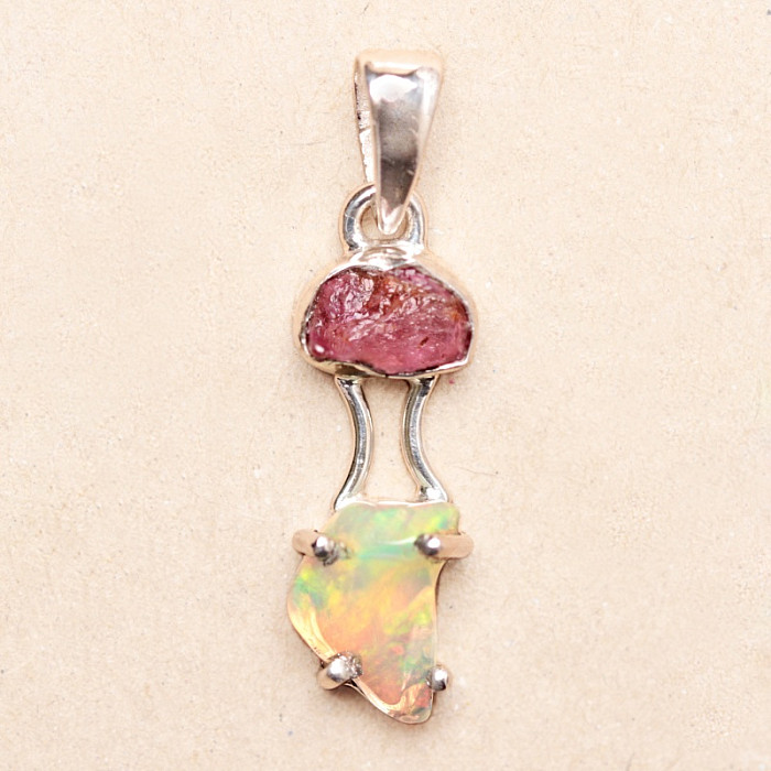 Opál etiopský a turmalín růžový přívěsek stříbro Ag 925 LOT6 - 2