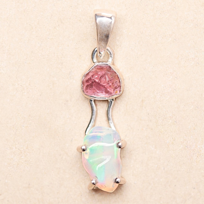 Opál etiopský a turmalín růžový přívěsek stříbro Ag 925 LOT7 - 2
