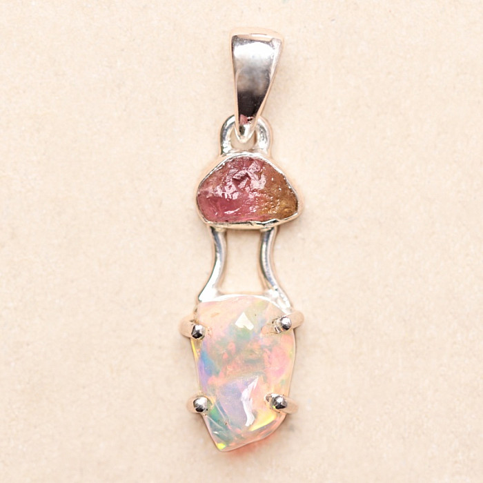 Opál etiopský a turmalín růžový přívěsek stříbro Ag 925 LOT8 - 2