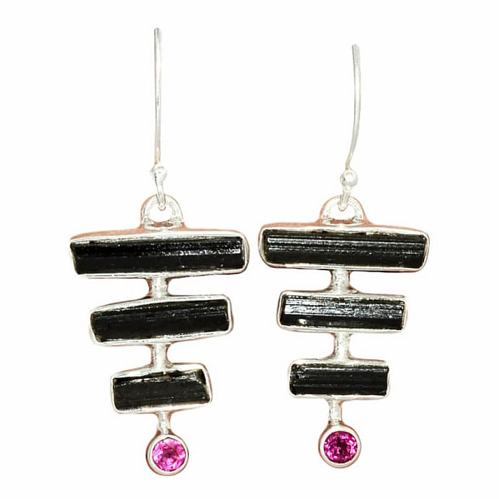 Designové náušnice s černými turmalíny stříbro Ag 925 E1 - 2 cm