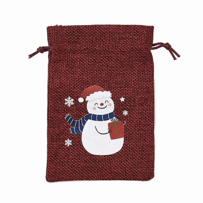 Sáček jutový Sněhulák s dárkem - 10 x 14 cm