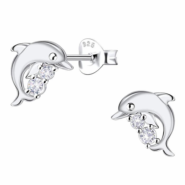 35298 Stříbrné náušnice pecky se zirkony Delfín - 10 mm