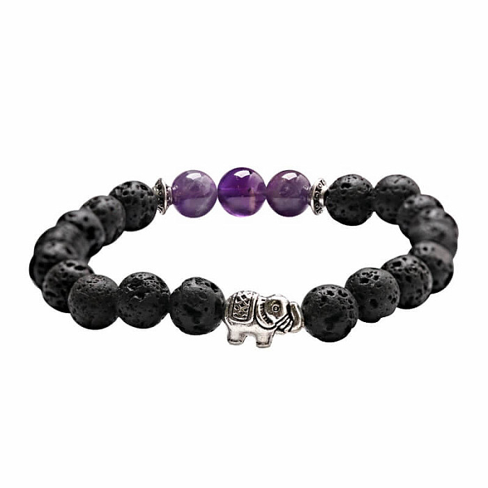 Lávový kámen a ametyst náramek se slonem - obvod cca 17 až 21 cm