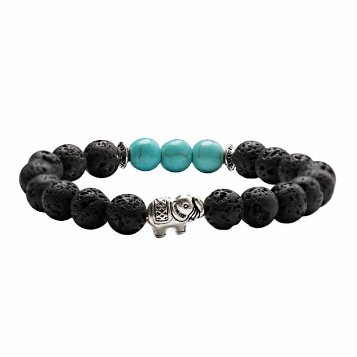 Lávový kámen a tyrkys náramek se slonem - obvod cca 17 až 21 cm